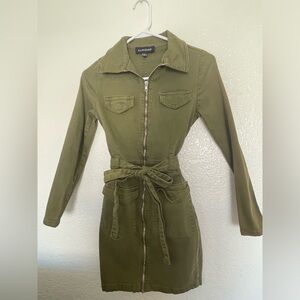 Parisian Women’s Army Green Denim Dress, size type is petite, size 2